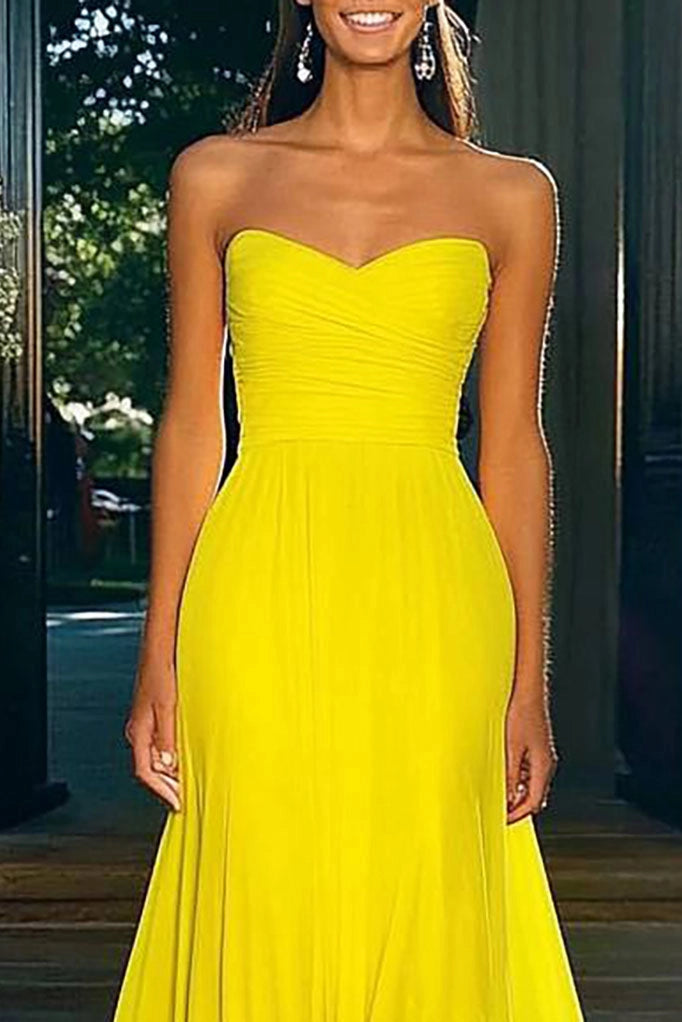 Formal Evening Gown Yellow Strapless Chiffon Floor-Length Dress