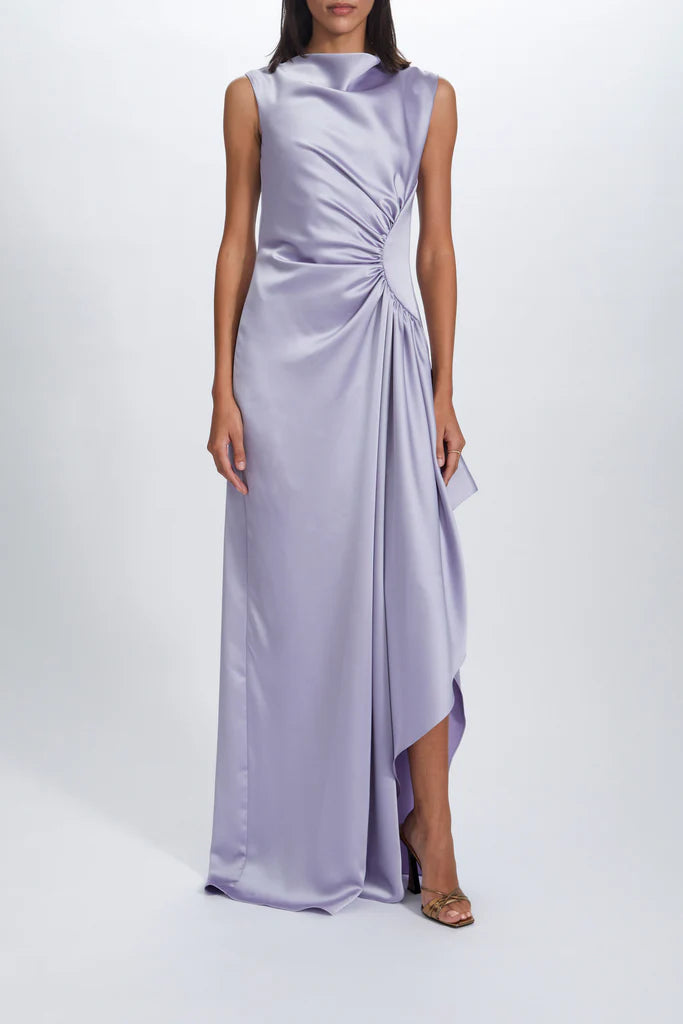 Fluid satin half moon gathered gown with asymmetric side drape spheric beautiful and unique desig
