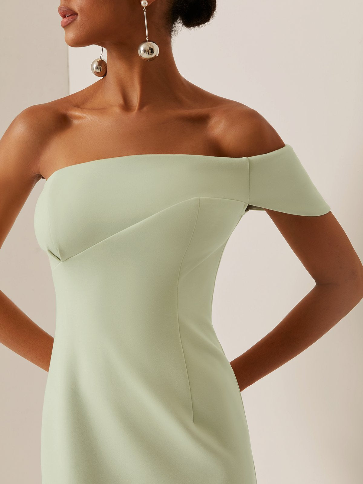 Simple beautiful generous and full of charm Green Off The Shoulder Slit Sheath Midi Dress
