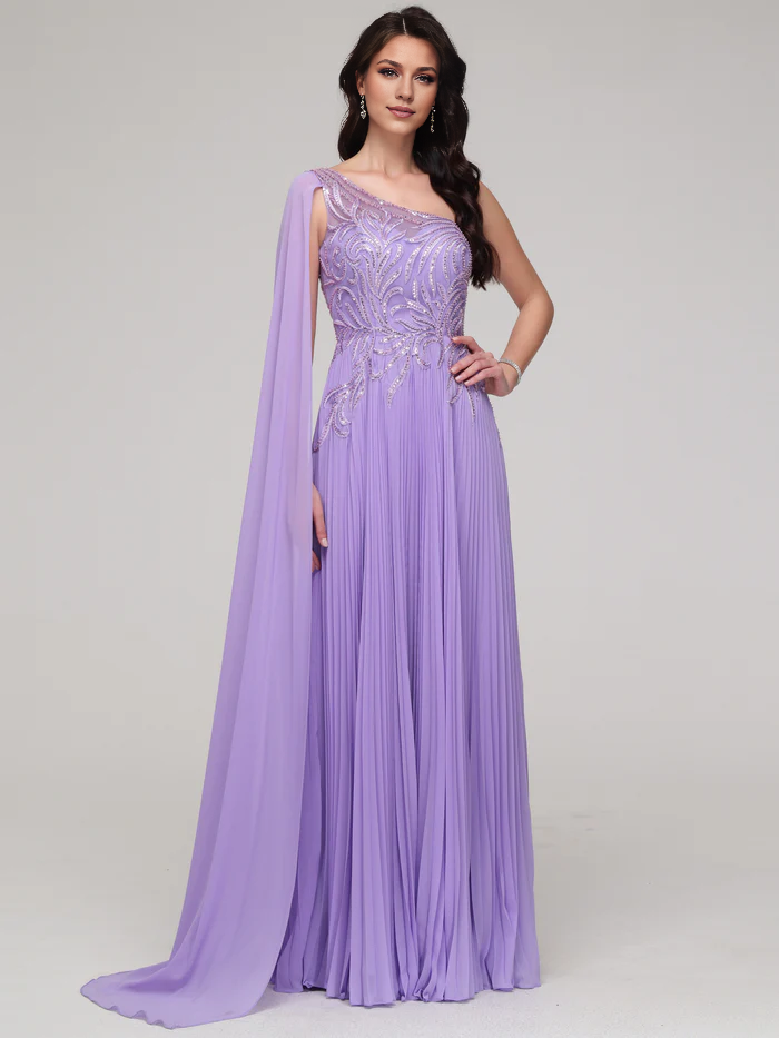 One Shoulder Flowy Sequin Appliqued Chiffon Prom Dress Simple gentle atmospheric and unique design
