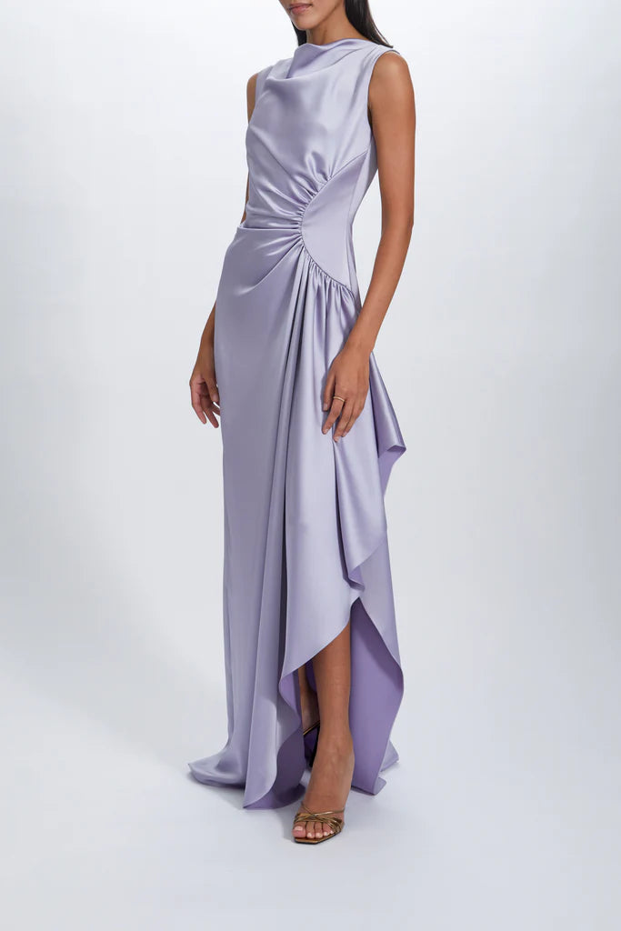 Fluid satin half moon gathered gown with asymmetric side drape spheric beautiful and unique desig