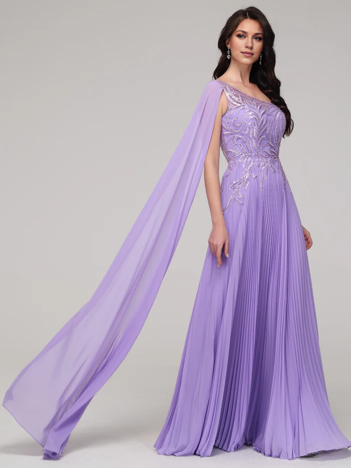 One Shoulder Flowy Sequin Appliqued Chiffon Prom Dress Simple gentle atmospheric and unique design