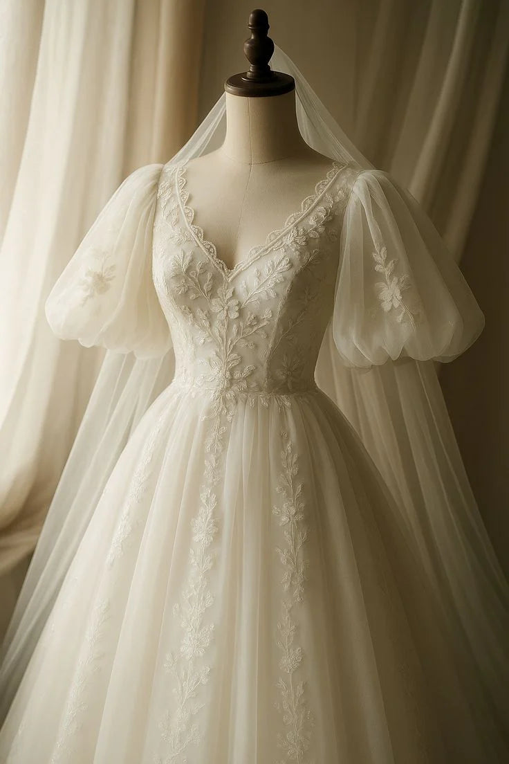 A Line Tulle Lace Puffy Sleeves Wedding Dress Bridal Dresses