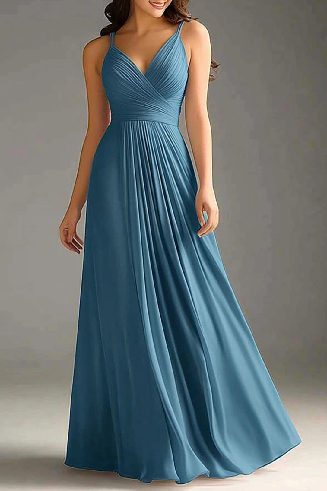 Formal Evening Dress Blue Spaghetti Strap Ruched Floor-Length Gown