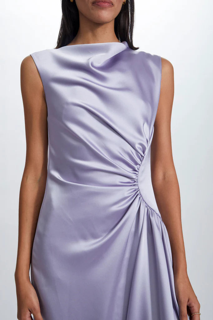Fluid satin half moon gathered gown with asymmetric side drape spheric beautiful and unique desig