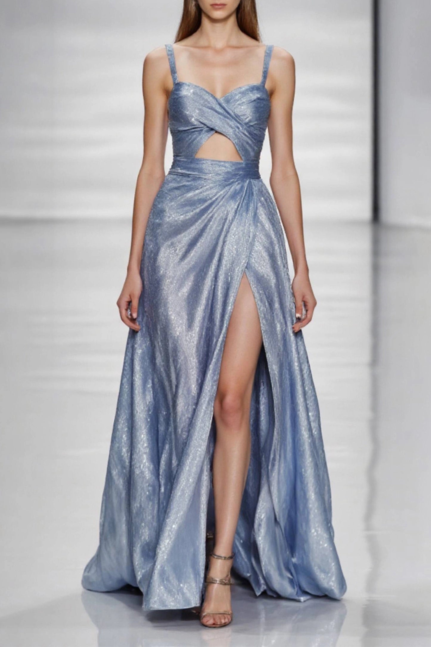 Graduation Party Spaghetti Strap Dress Blue Glossy High Slit Floor-Length Dress Simple beautiful generous and full of charm