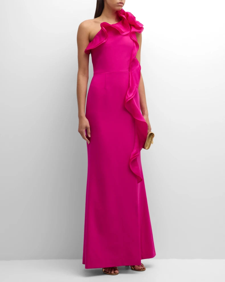 One-Shoulder Ruffle Column Gown Beautiful and charming simple and unique design