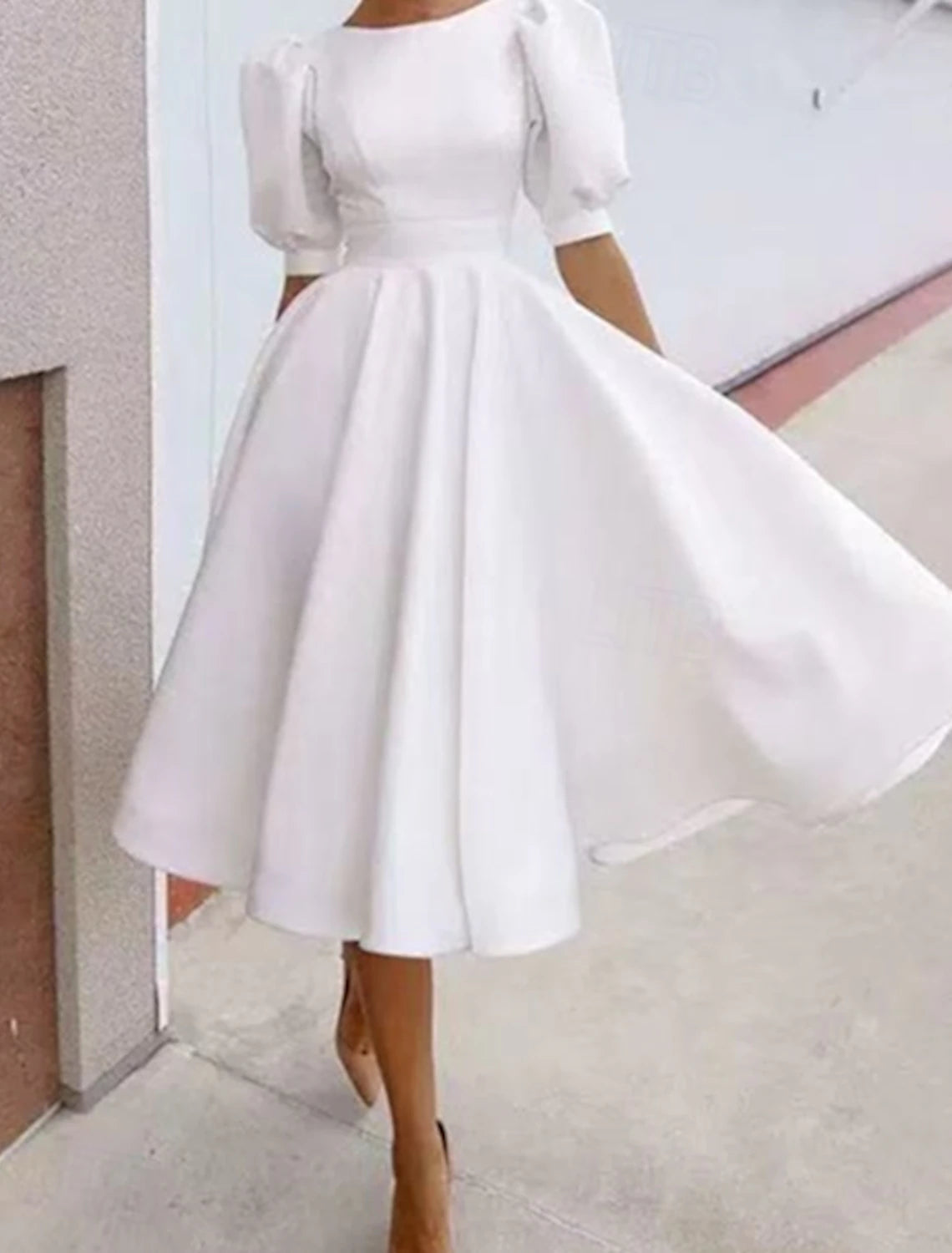 Little White Dresses Formal Wedding Dresses Ball Gown Scoop Neck Short Sleeve Tea Length Jersey Bridal Suits Bridal Gowns With Pleats Solid