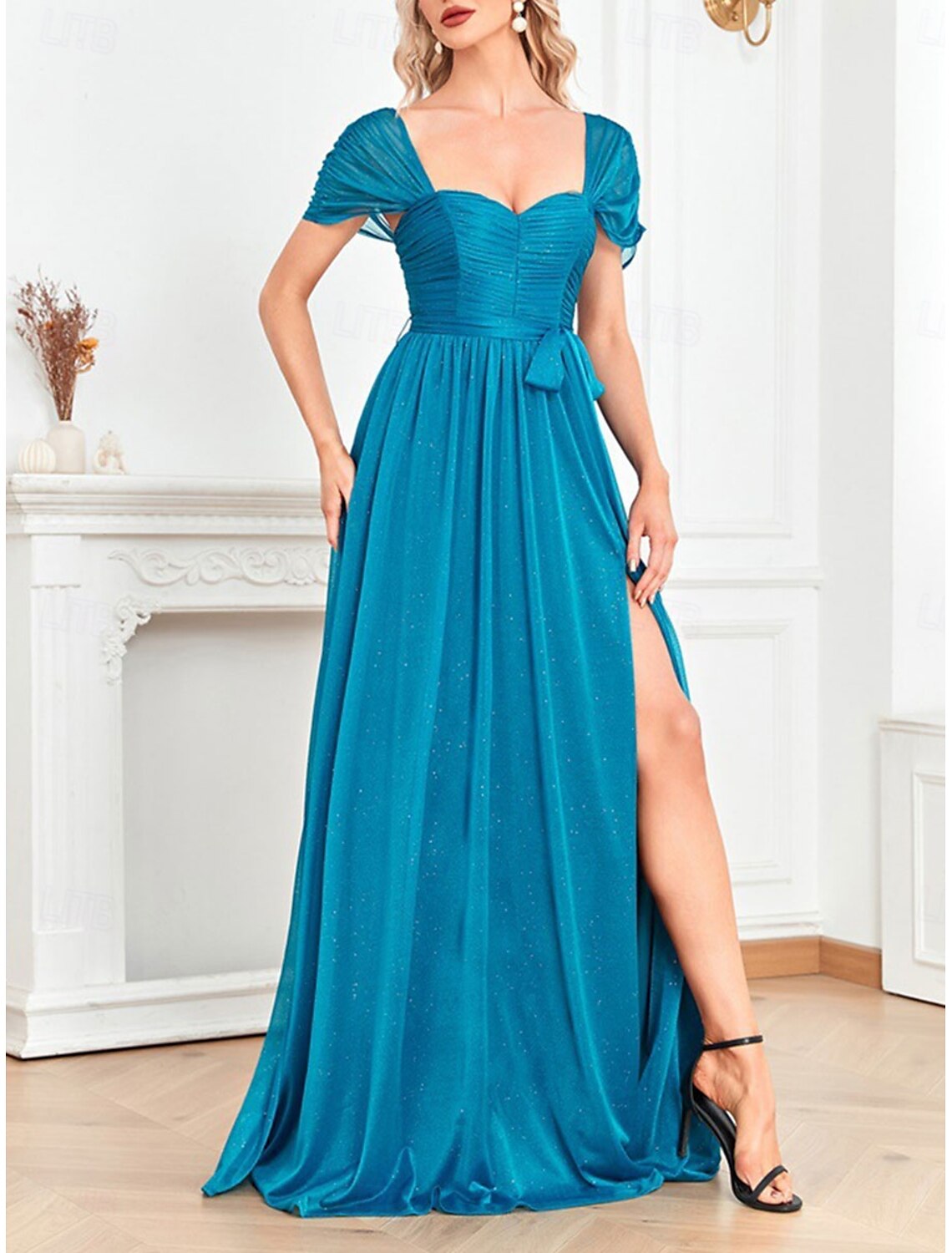 Dresses Party Dress Wedding Wedding Guest Floor Length Short Sleeve Square Neck Polyester with Glitter