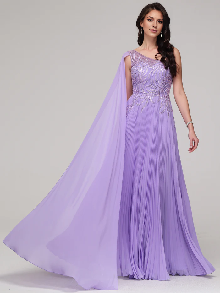 One Shoulder Flowy Sequin Appliqued Chiffon Prom Dress Simple gentle atmospheric and unique design