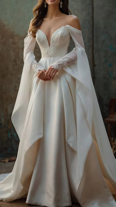 A Line Off Shoulder Lace Long Sleeves Wedding Dress Bridal Dresses