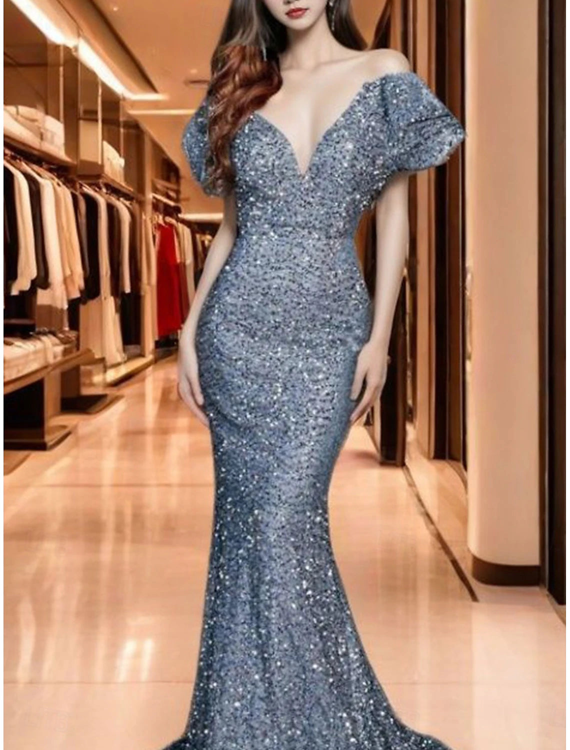 Mermaid Trumpet  Dresses Elegant Dress Wedding Wedding Guest Sweep / Brush Train Short Sleeve V Neck Sequined Backless with Sequin