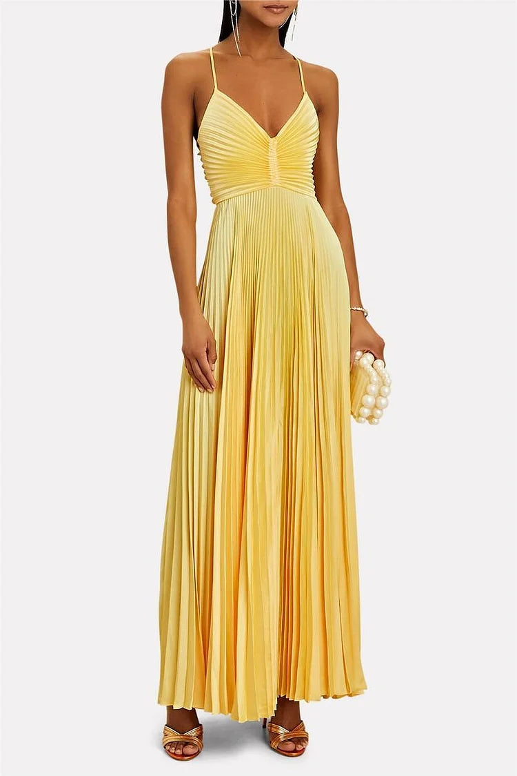 V-Neck Pleated Lace Up Cami Maxi Dress Simple atmospheric beautiful and unique desi