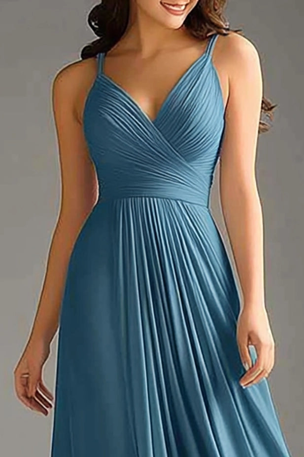 Formal Evening Dress Blue Spaghetti Strap Ruched Floor-Length Gown