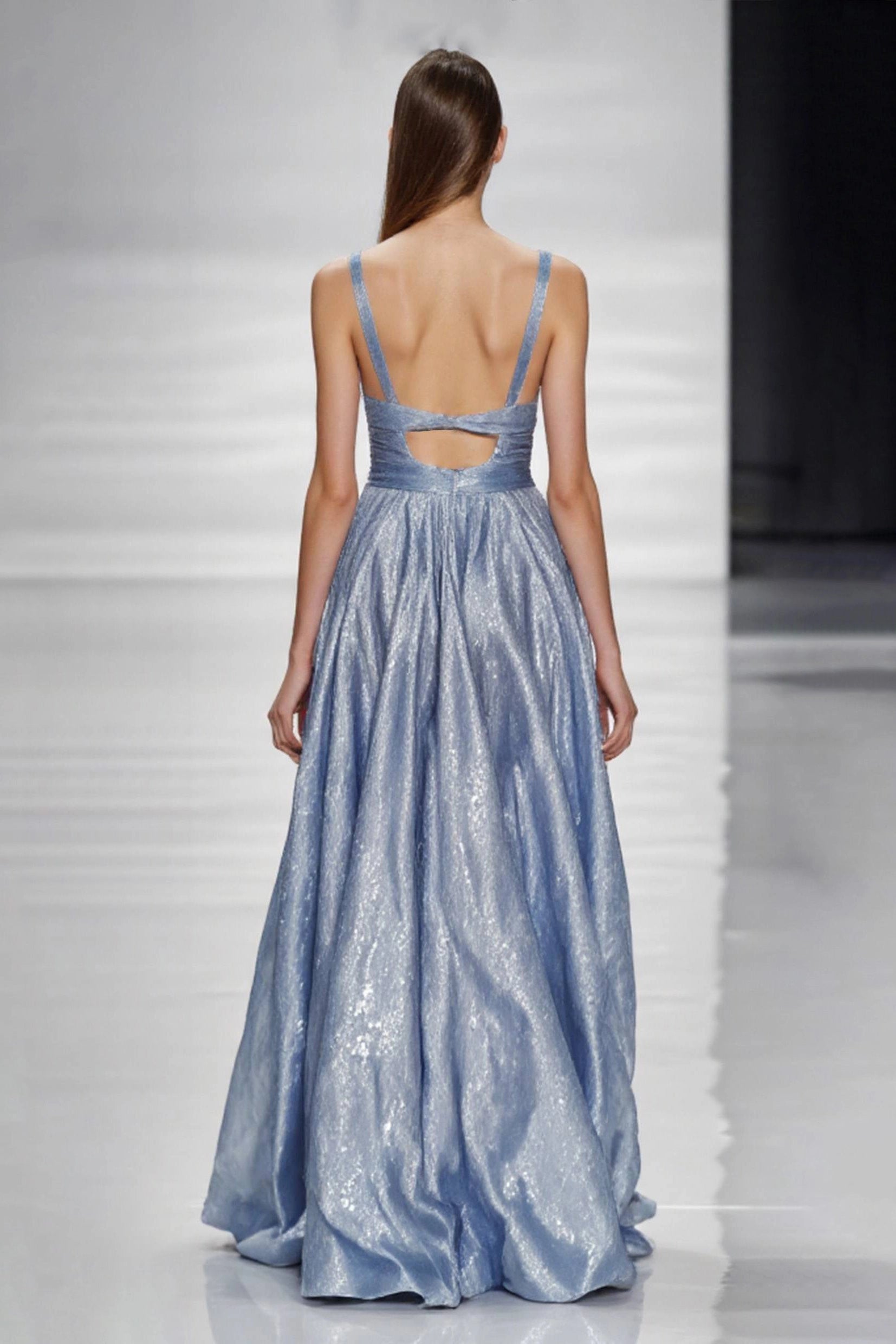 Graduation Party Spaghetti Strap Dress Blue Glossy High Slit Floor-Length Dress Simple beautiful generous and full of charm