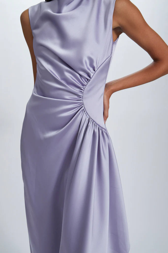 Fluid satin half moon gathered gown with asymmetric side drape spheric beautiful and unique desig