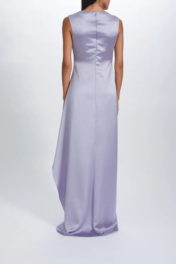 Fluid satin half moon gathered gown with asymmetric side drape spheric beautiful and unique desig
