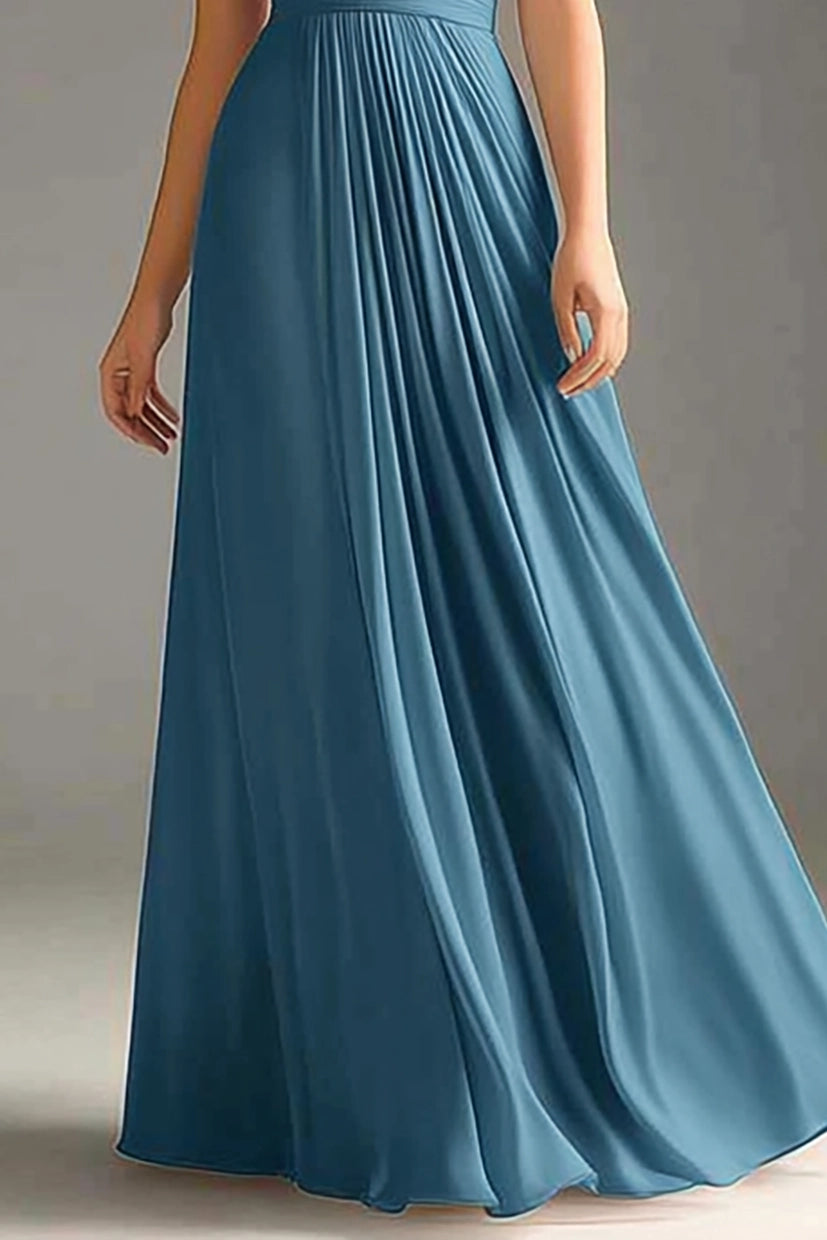 Formal Evening Dress Blue Spaghetti Strap Ruched Floor-Length Gown
