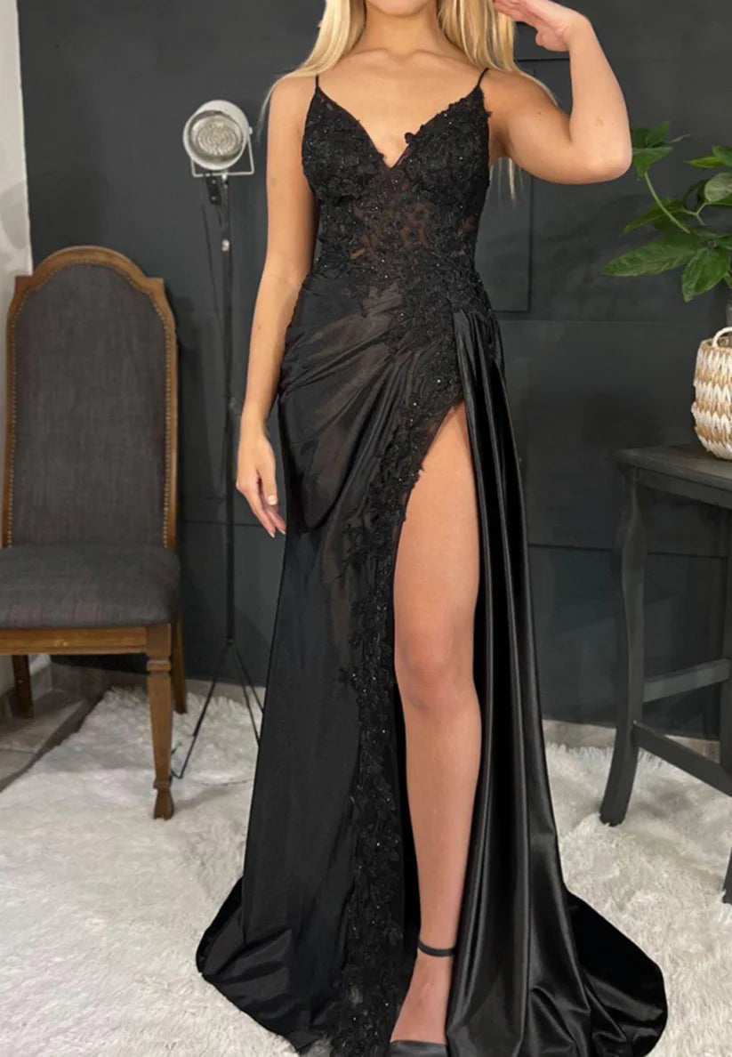 V-Neck Spaghetti Straps Appliques Ruched High Slit Prom Dress Simple gentle beautiful and unique design