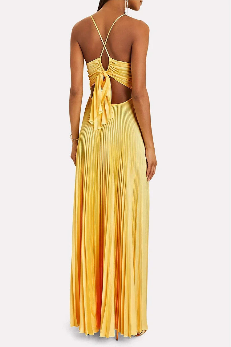 V-Neck Pleated Lace Up Cami Maxi Dress Simple atmospheric beautiful and unique desi