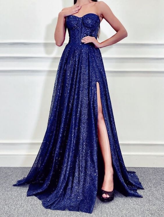 Blue Long Party Dress  Strapless Evening Gown