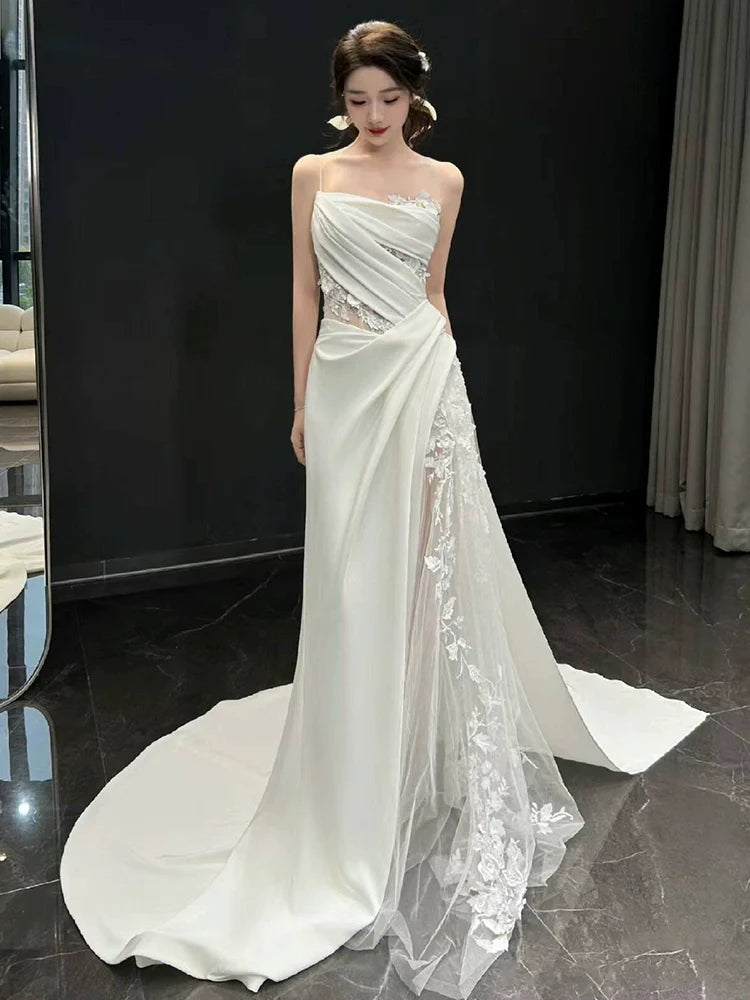 White Tulle Lace Long Wedding Dress Princess Bridal Gown