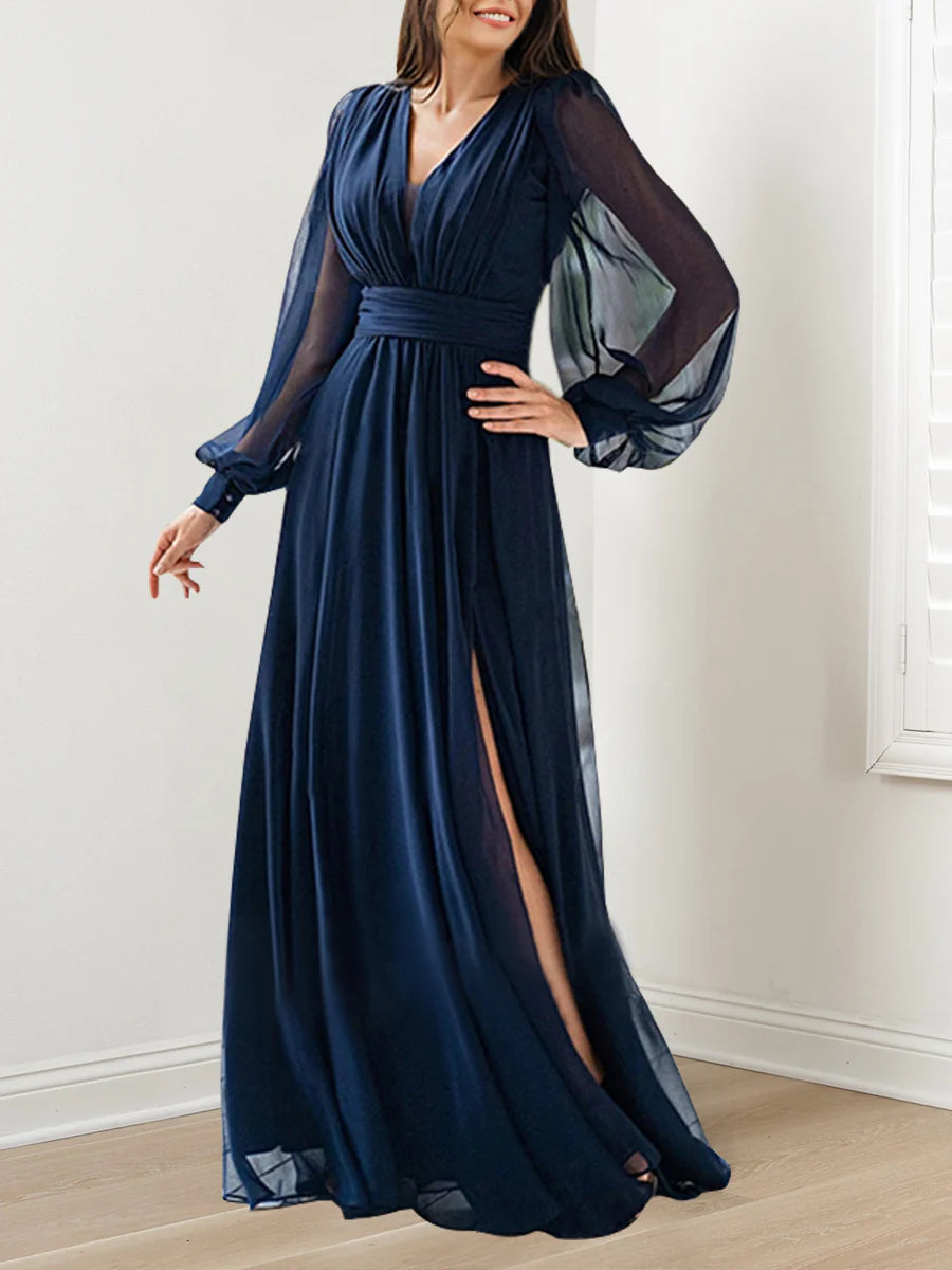 Princess V-Neck Long Sleeves Floor-Length Mother of the Bride Dresses with Ruffles