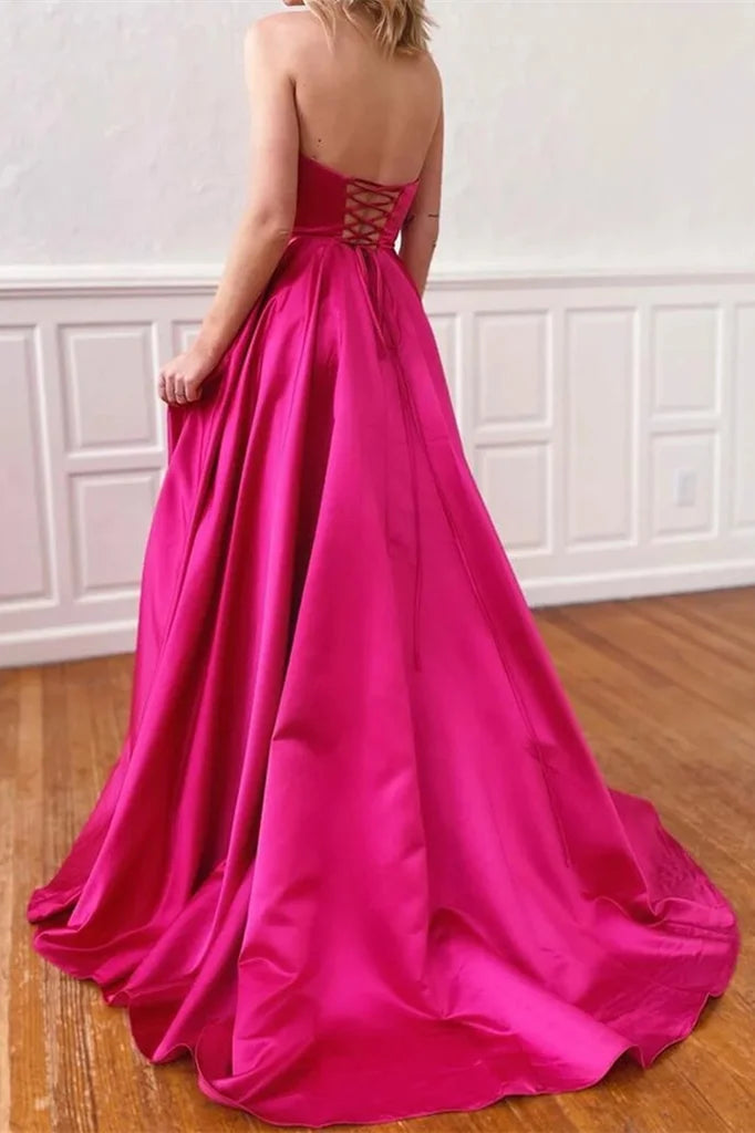 Simple Fuchsia Satin Strapless Sleeveless Long A-Line Prom Dress With Split