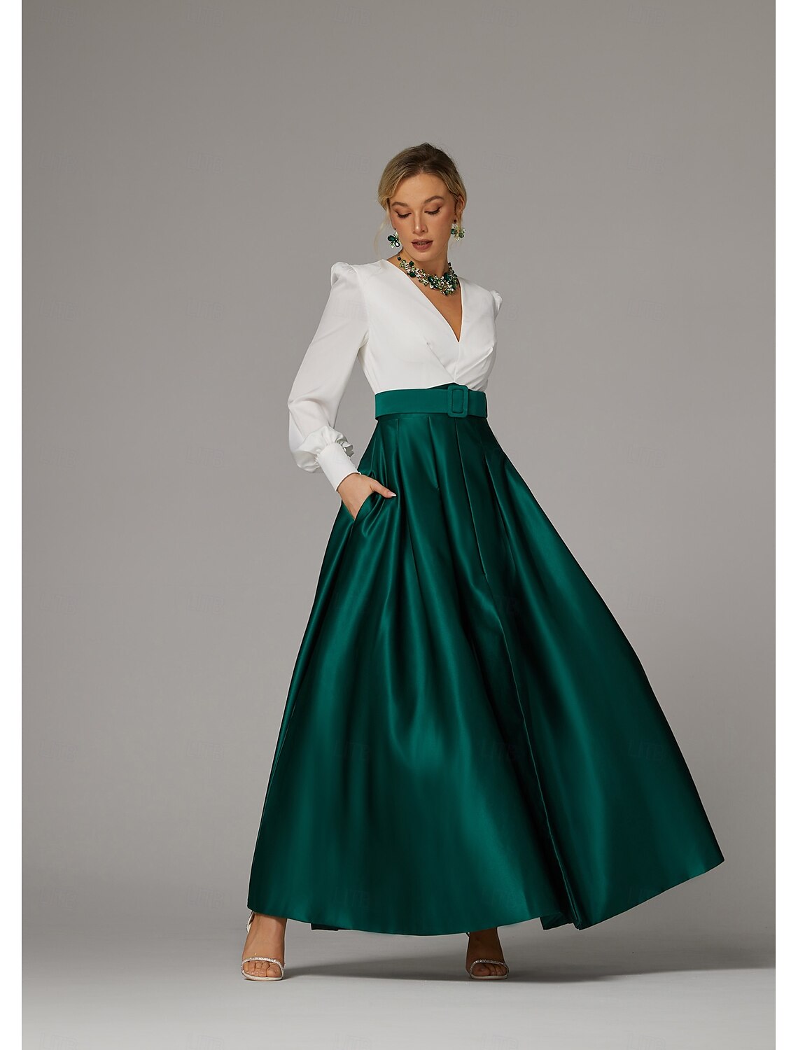 A-Line Evening Gown High Split Dress Formal Wedding Guest Floor Length Long Sleeve V Neck Fall Wedding Guest Satin with Pleats Slit