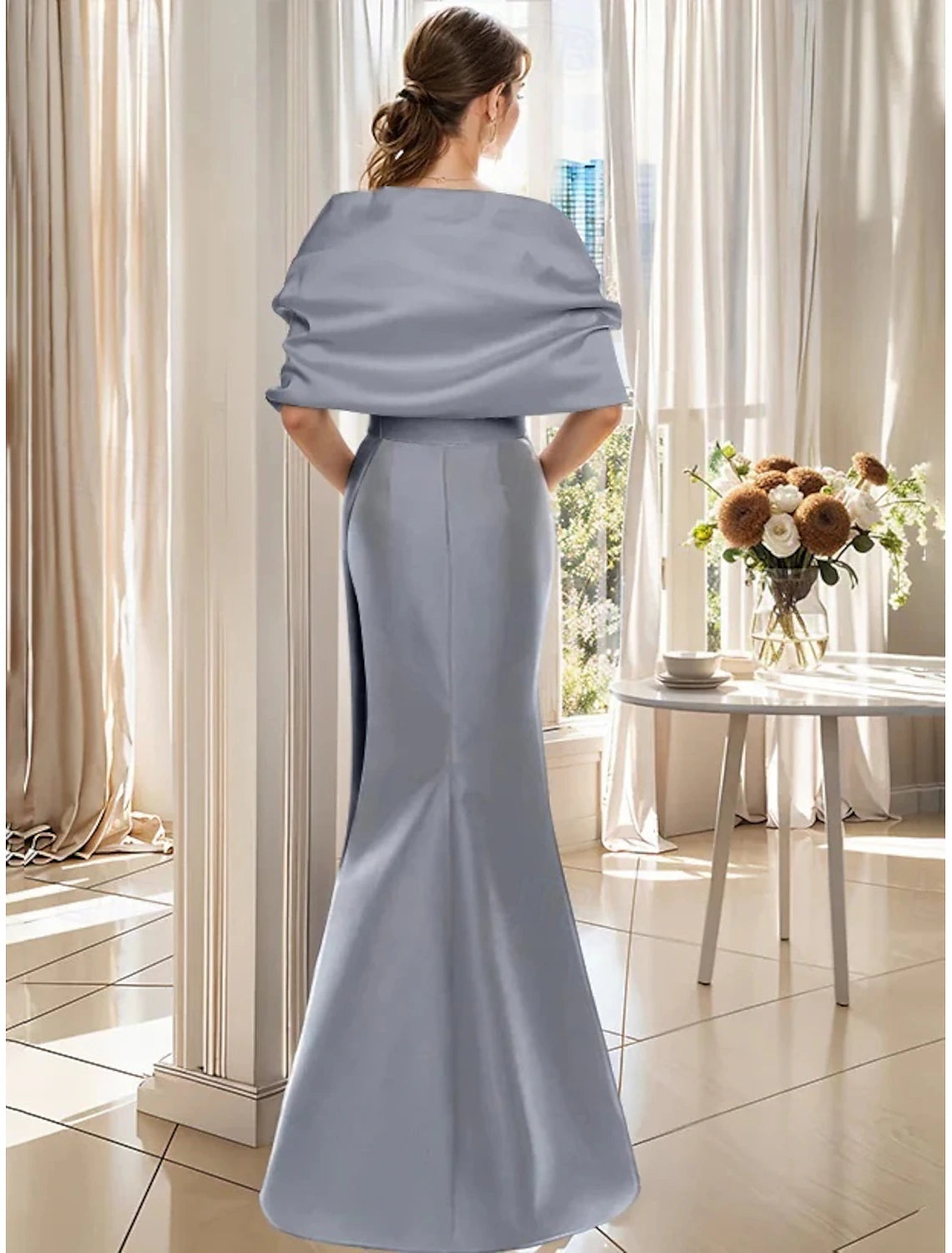 Blue Black Mermaid / Trumpet Evening Gown Elegant Dress Formal Wedding Floor Length Short Sleeve Spaghetti Strap Belt Satin with Ruffles Shawl