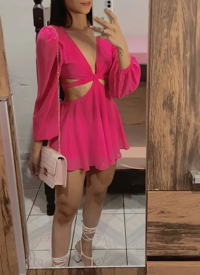 Plunge Neck Cut Out Waist A-Line Dress Sexy Homecoming Dress
