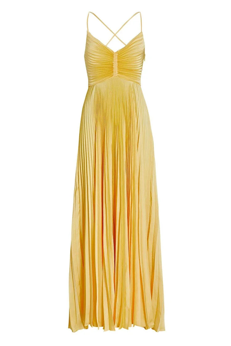 V-Neck Pleated Lace Up Cami Maxi Dress Simple atmospheric beautiful and unique desi