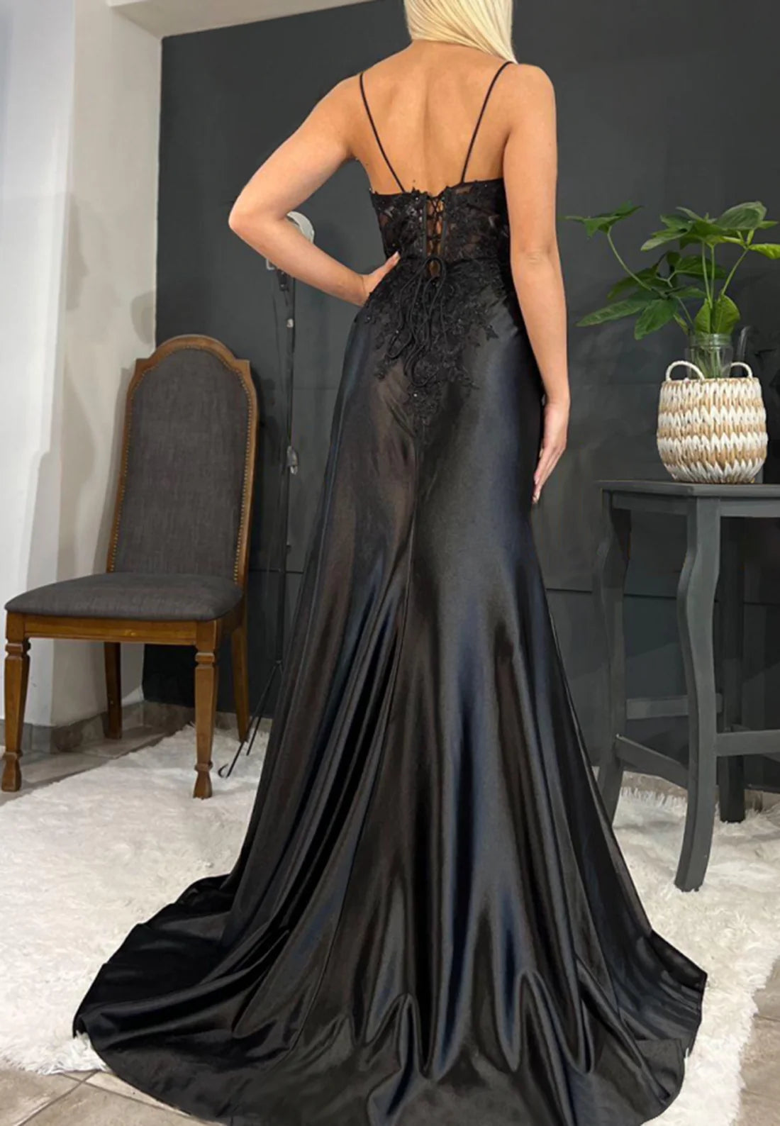 V-Neck Spaghetti Straps Appliques Ruched High Slit Prom Dress Simple gentle beautiful and unique design