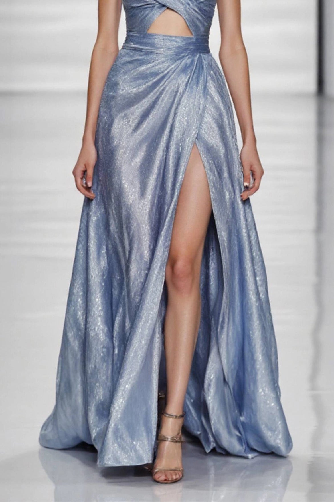 Graduation Party Spaghetti Strap Dress Blue Glossy High Slit Floor-Length Dress Simple beautiful generous and full of charm