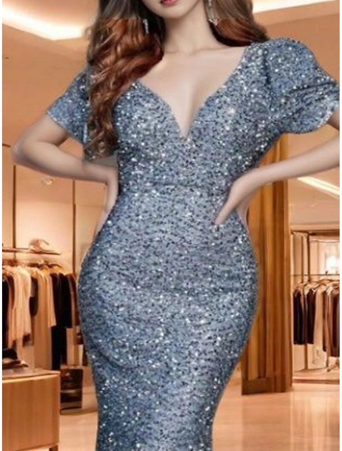 Mermaid Trumpet  Dresses Elegant Dress Wedding Wedding Guest Sweep / Brush Train Short Sleeve V Neck Sequined Backless with Sequin