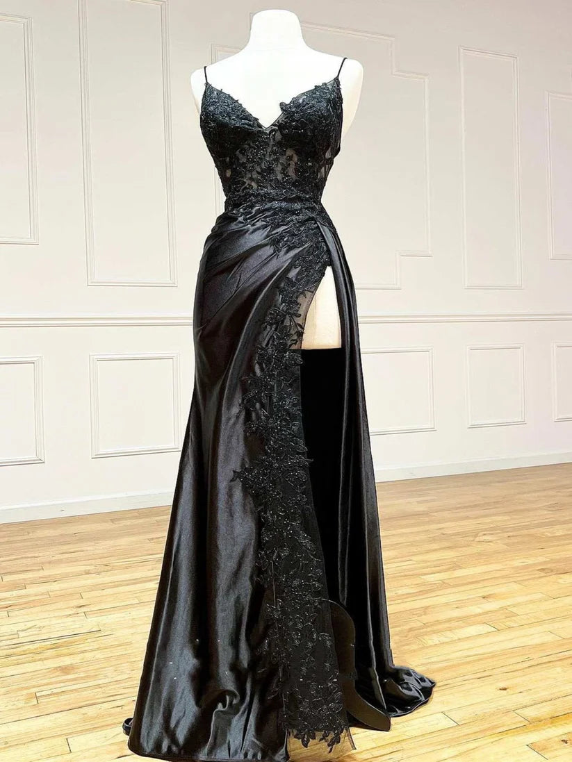 V-Neck Spaghetti Straps Appliques Ruched High Slit Prom Dress Simple gentle beautiful and unique design