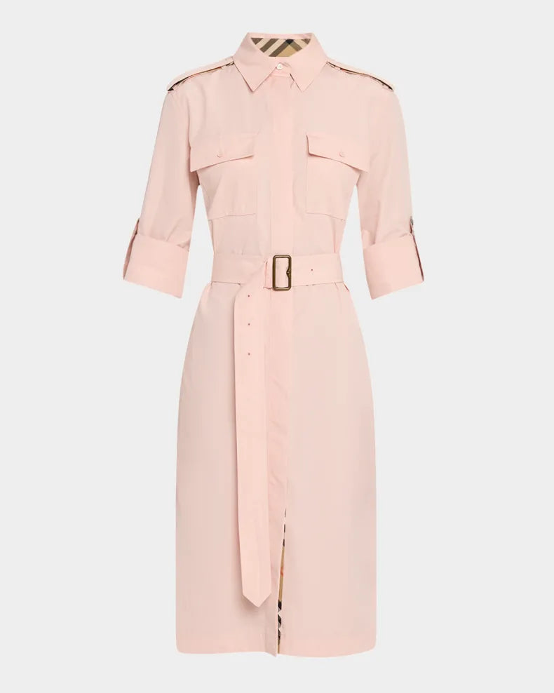 Check-Trim Short-Sleeve Belted Shirtdress Simple beautiful generous and full of charm
