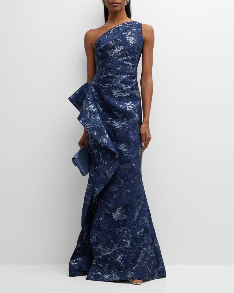 Metallic Jacquard One-Shoulder Side-Ruffle Gown Beautiful and charming simple and unique design