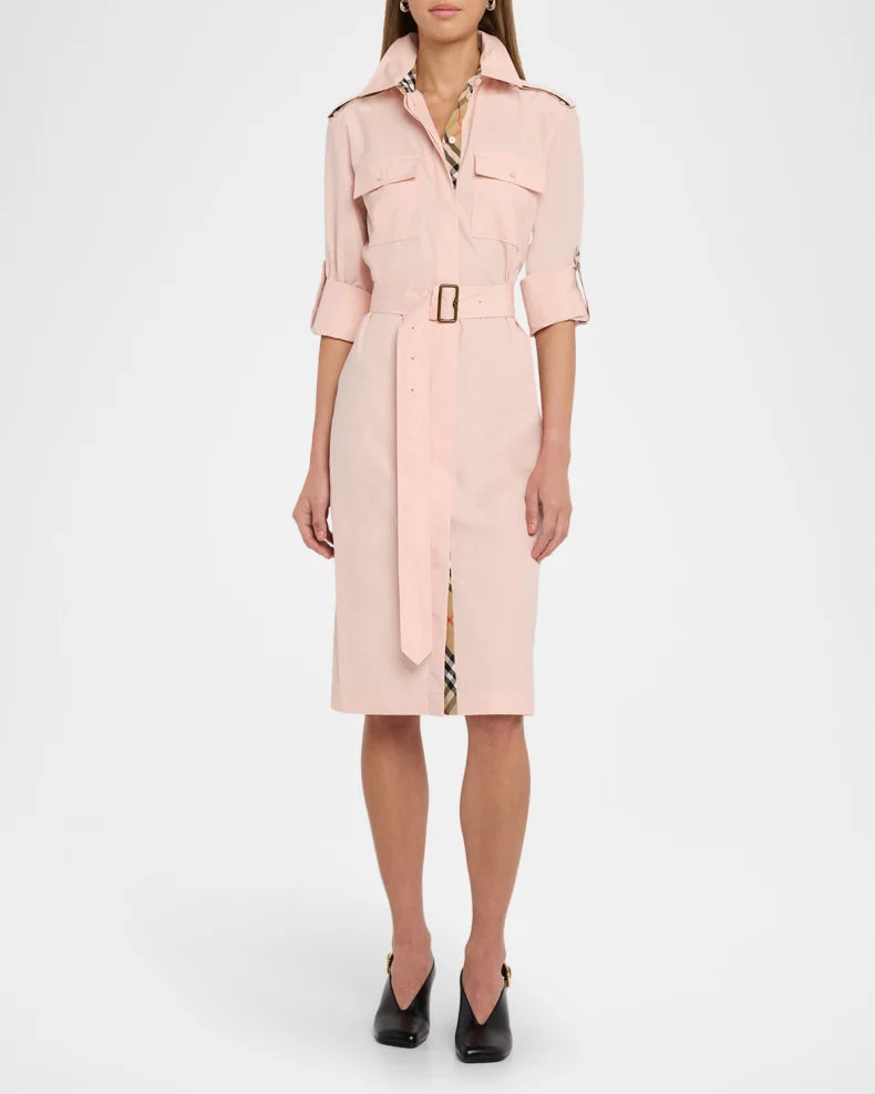 Check-Trim Short-Sleeve Belted Shirtdress Simple beautiful generous and full of charm