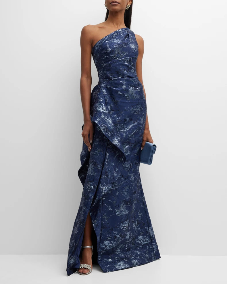 Metallic Jacquard One-Shoulder Side-Ruffle Gown Beautiful and charming simple and unique design