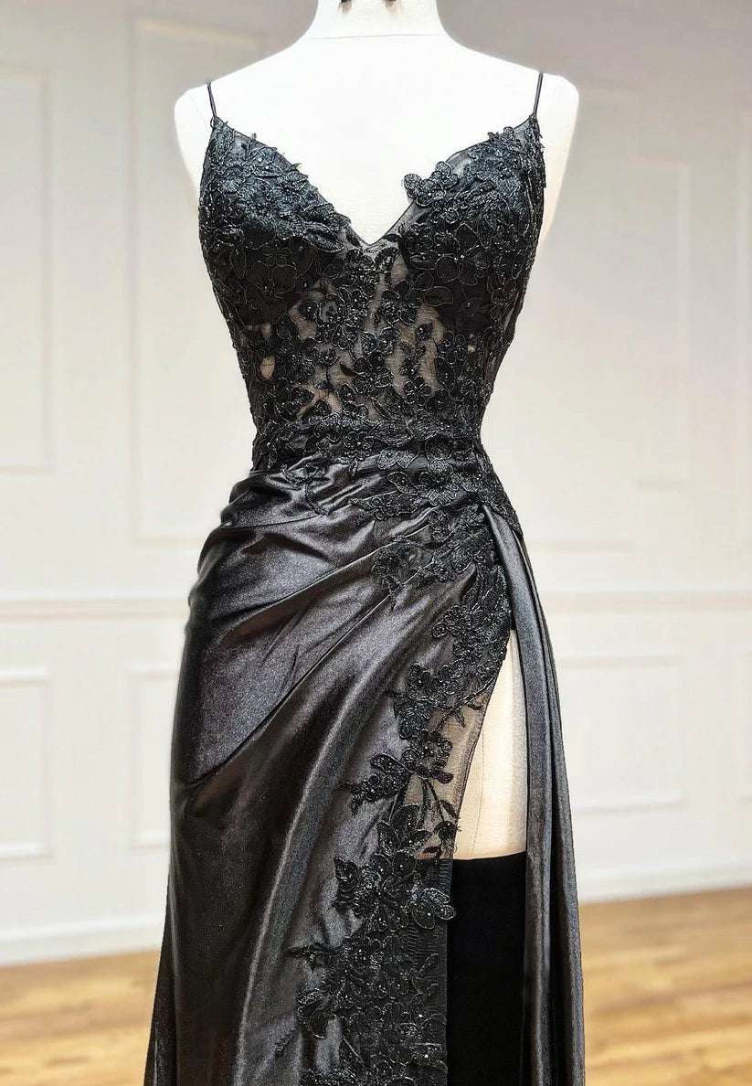 V-Neck Spaghetti Straps Appliques Ruched High Slit Prom Dress Simple gentle beautiful and unique design