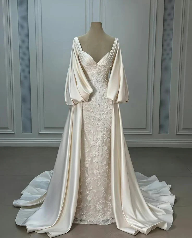Luxury Wedding Dresses Ivory Satin Lace A-line Bridal Gowns