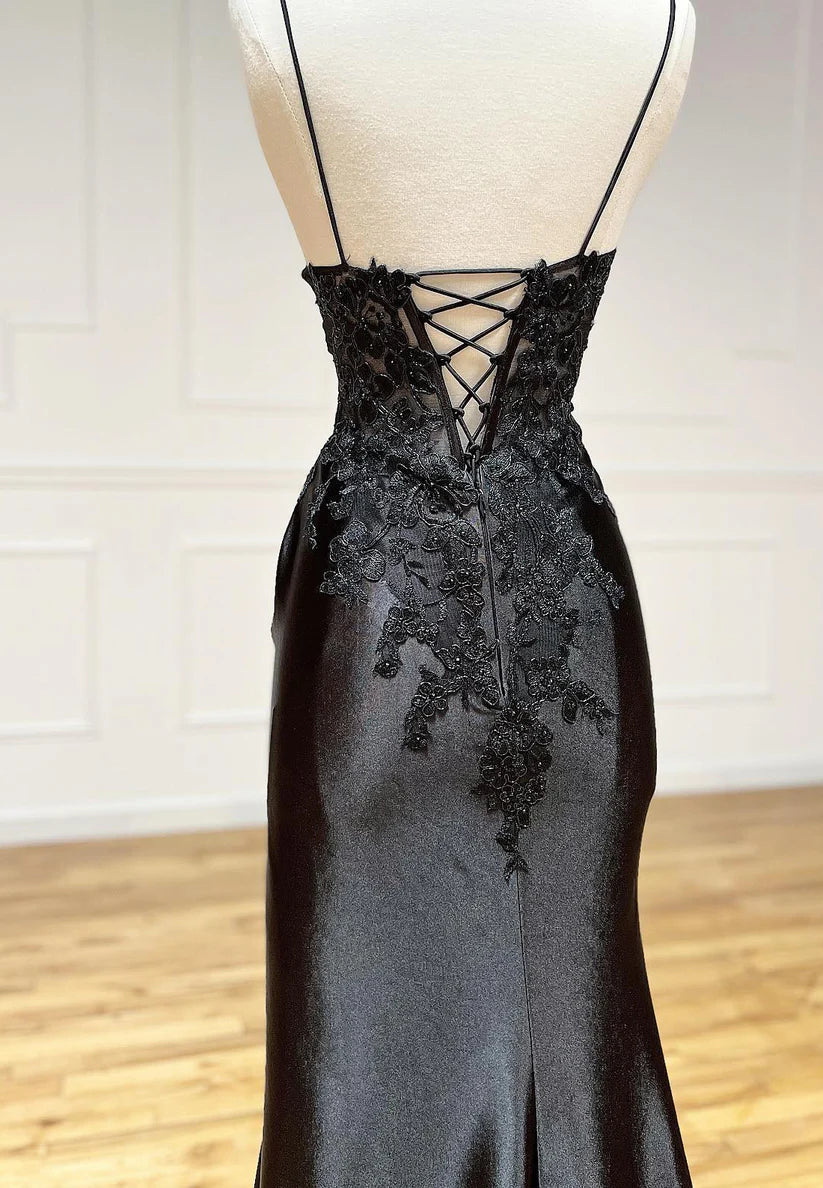 V-Neck Spaghetti Straps Appliques Ruched High Slit Prom Dress Simple gentle beautiful and unique design