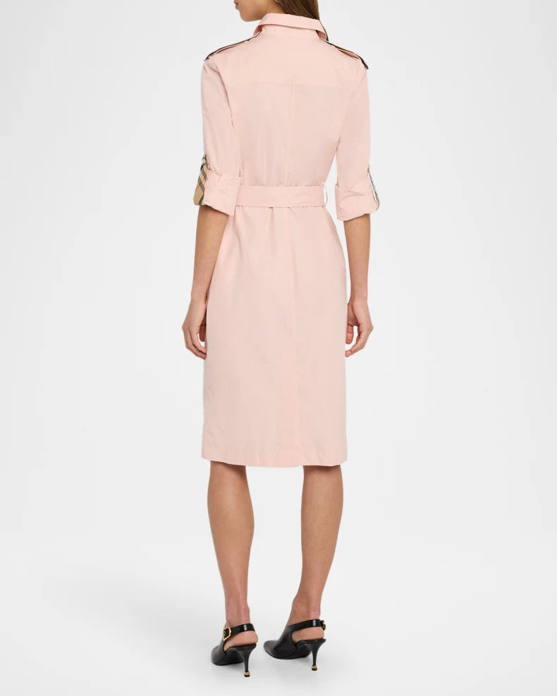 Check-Trim Short-Sleeve Belted Shirtdress Simple beautiful generous and full of charm