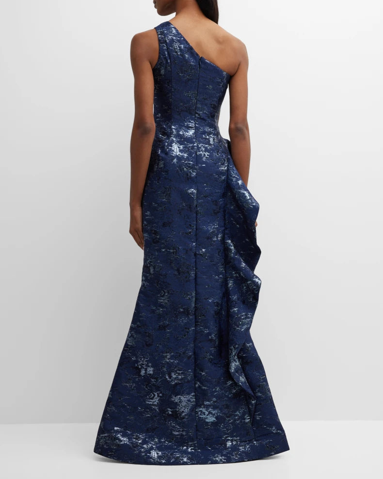 Metallic Jacquard One-Shoulder Side-Ruffle Gown Beautiful and charming simple and unique design