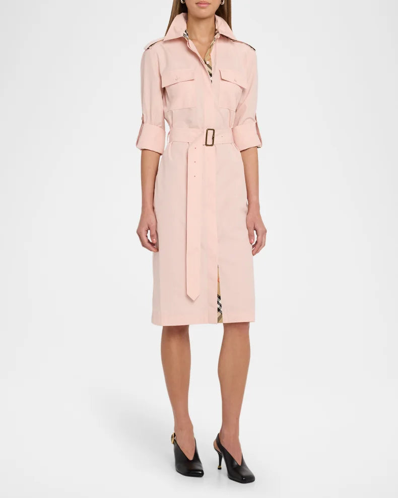 Check-Trim Short-Sleeve Belted Shirtdress Simple beautiful generous and full of charm