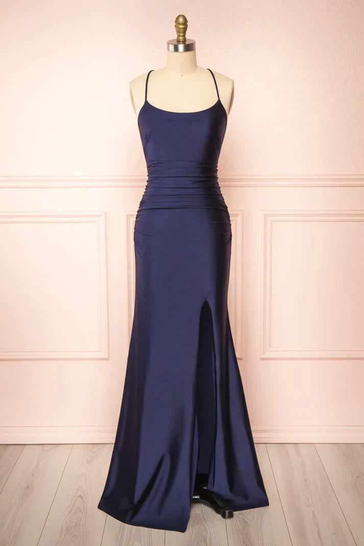 Sexy Mermaid Long Prom Dress Simple Navy Blue Mermaid Prom Dress Long Satin Evening Gown