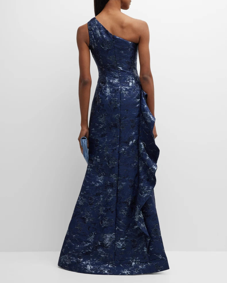 Metallic Jacquard One-Shoulder Side-Ruffle Gown Beautiful and charming simple and unique design