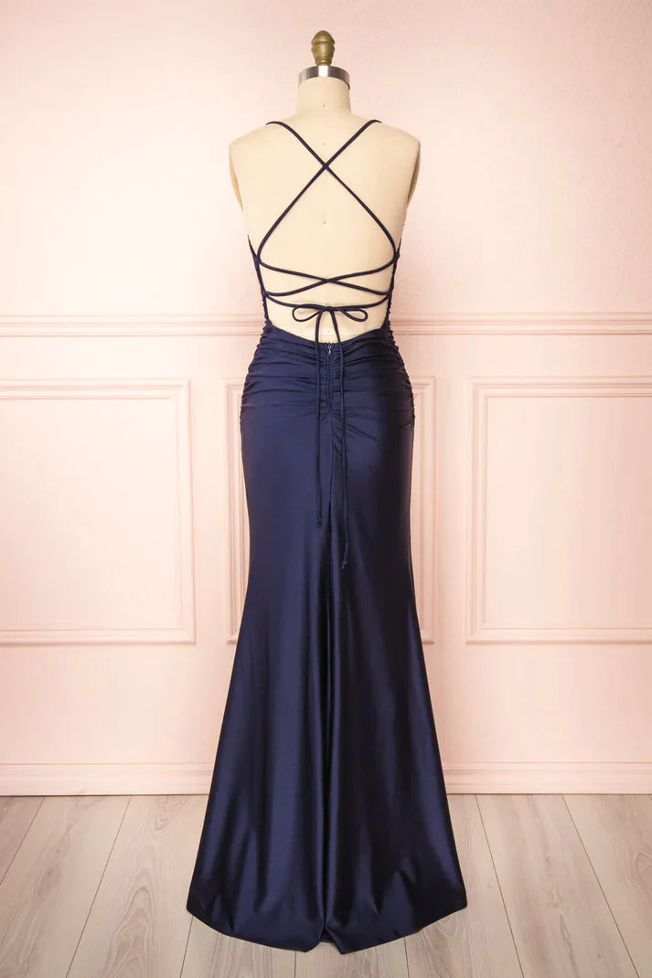 Sexy Mermaid Long Prom Dress Simple Navy Blue Mermaid Prom Dress Long Satin Evening Gown