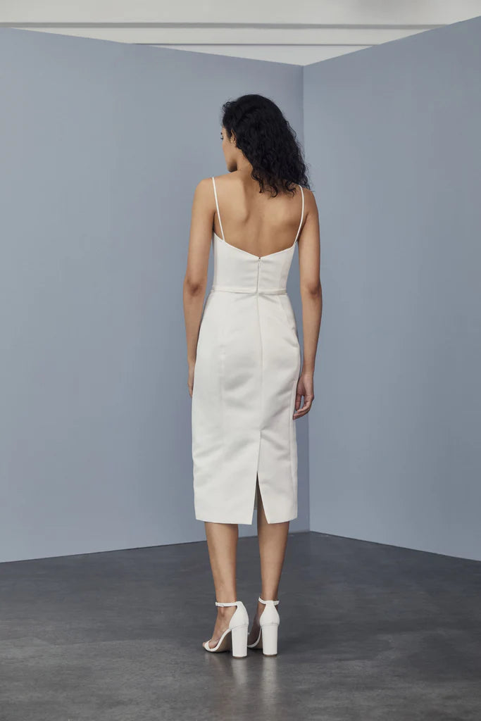 Fluid satin half moon gathered gown with asymmetric side drape Duchess Satin Sheath Dress spheric beautiful and unique desig